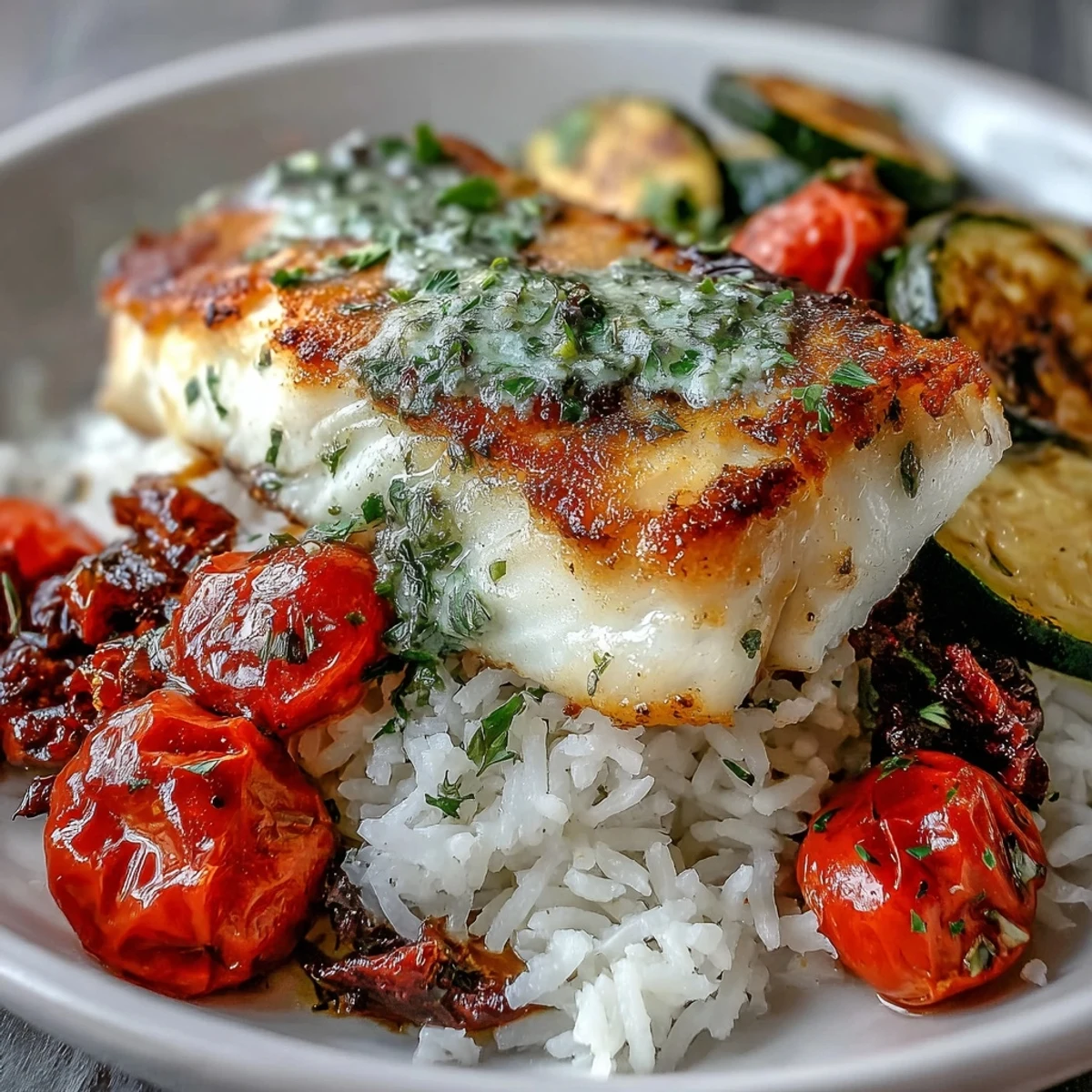 Savory pan-seared fish bowl featuring tender white fish, steamed rice, and caramelized vegetables, ready for a healthy dinner.