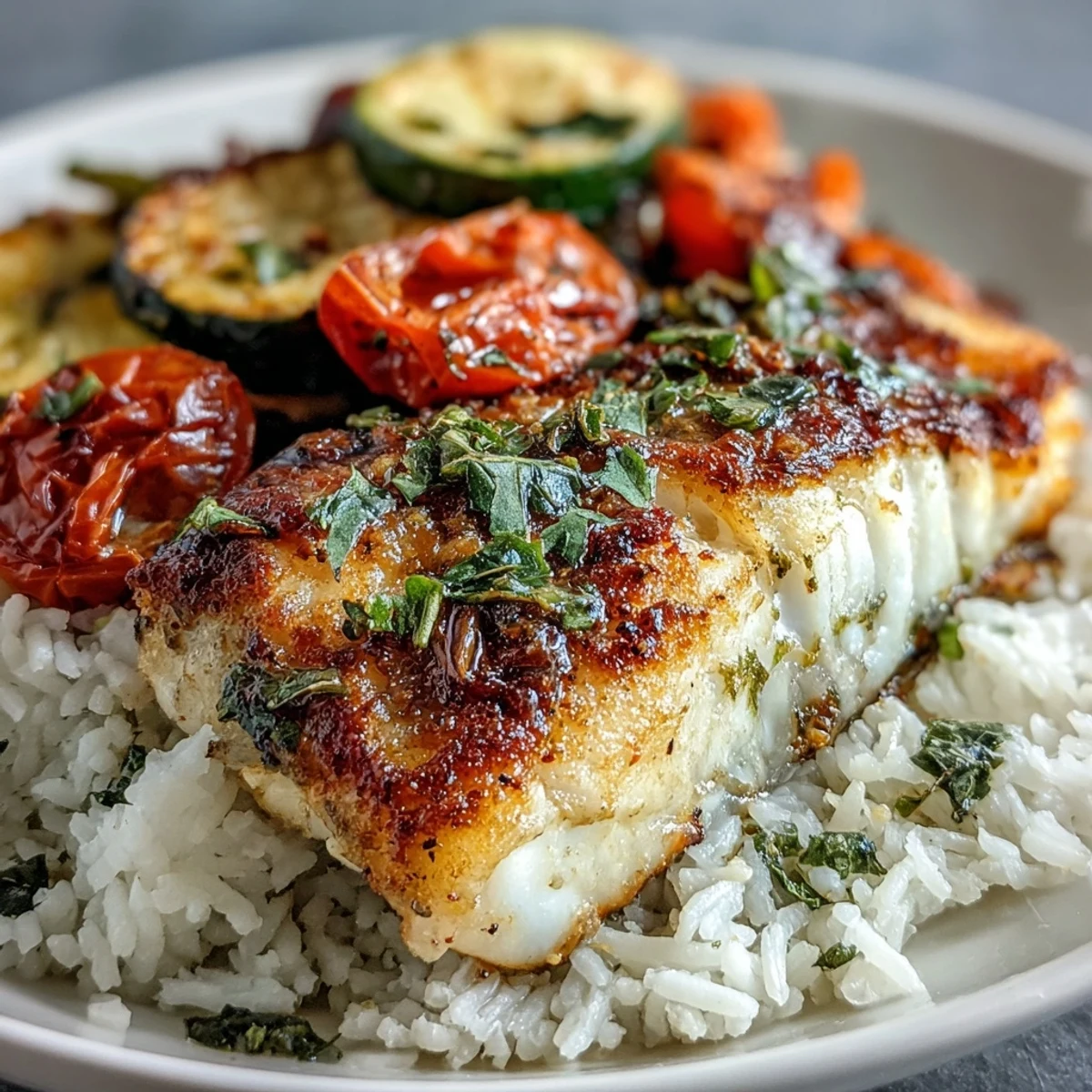 Golden-brown pan-seared fish rests on fluffy rice, topped with roasted zucchini and bell peppers, drizzled with zesty lemon sauce.
