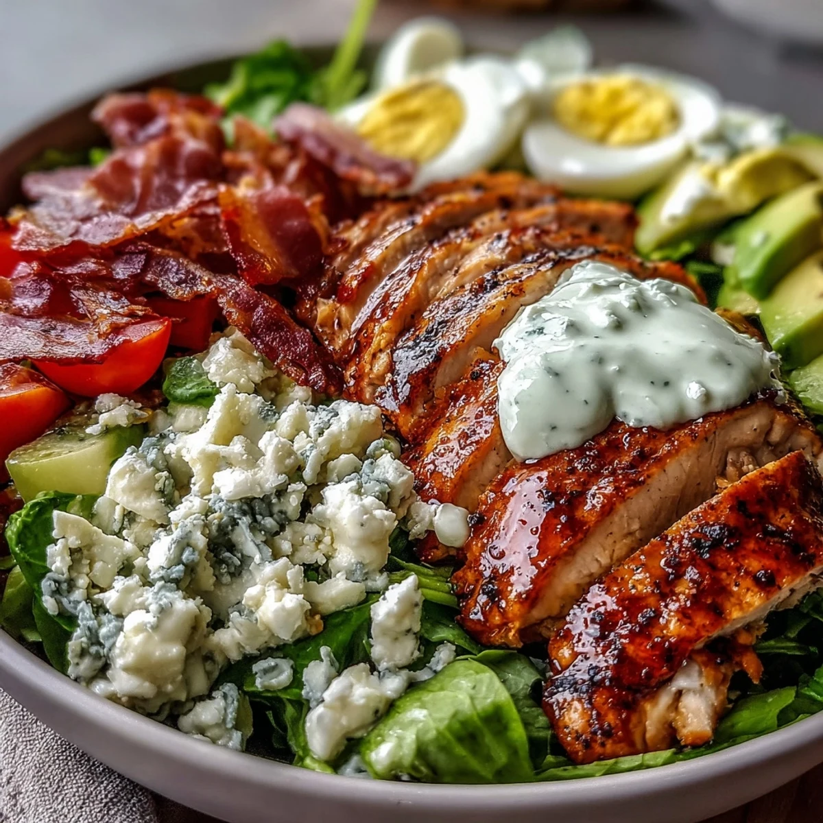 Close-up of a hearty Cobb Salad Bowl featuring juicy grilled chicken slices, crisp bacon, diced avocado, hard-boiled eggs, and fresh tomatoes.
