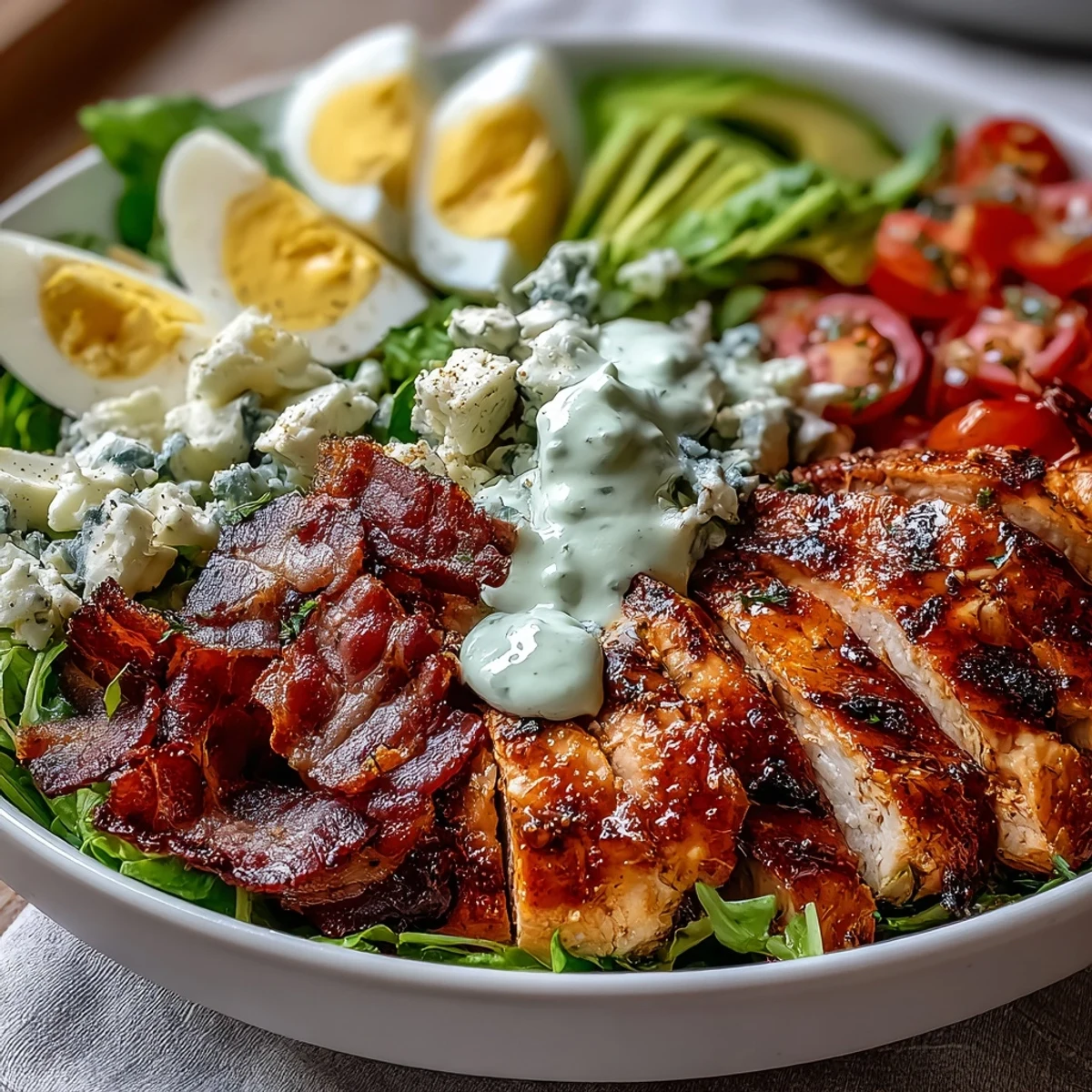 Vibrant Cobb Salad Bowl topped with grilled chicken, crispy bacon, creamy avocado, and crumbled blue cheese, drizzled with ranch dressing.