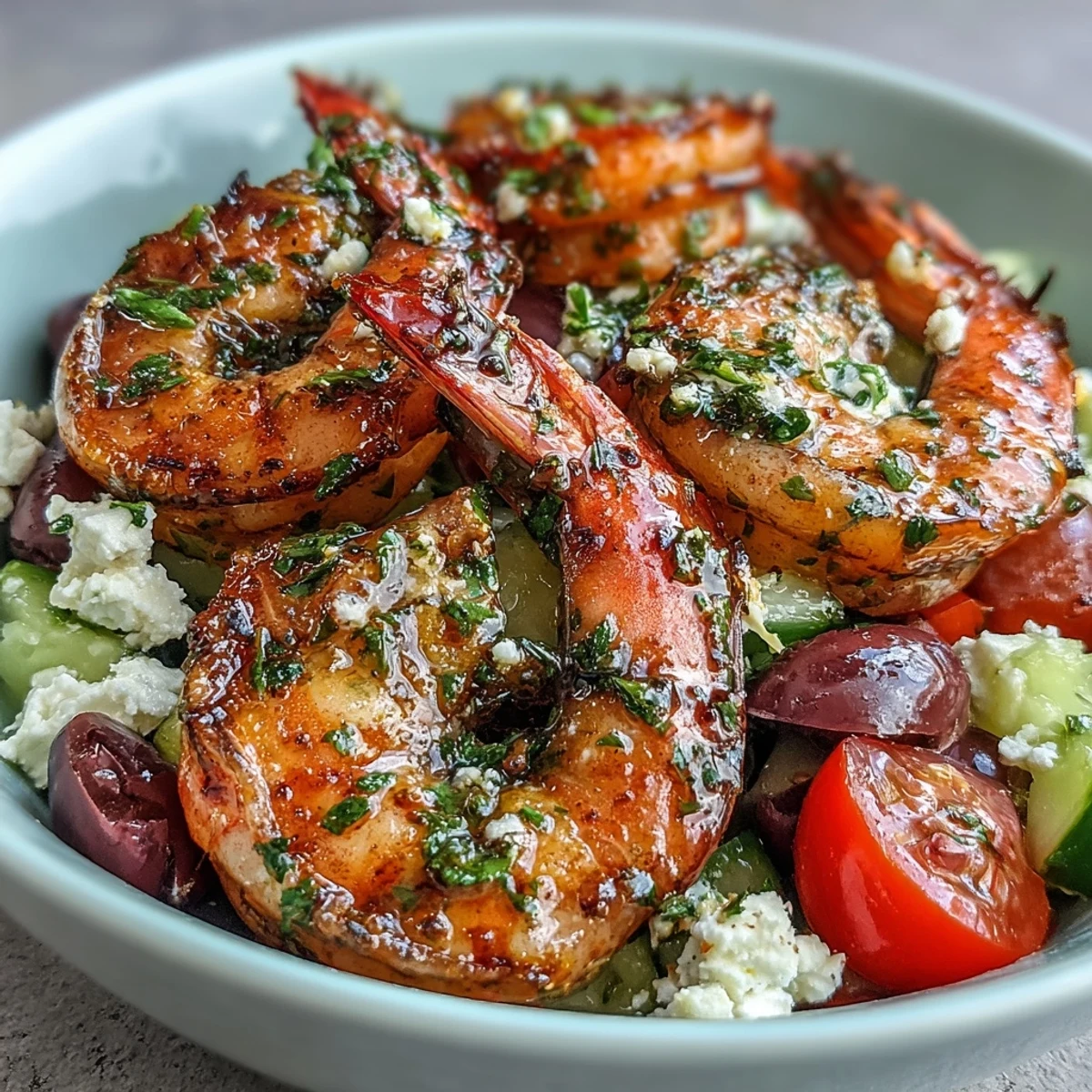 Vibrant Greek Shrimp Bowl with grilled shrimp, feta, cucumbers, and a lemon-olive oil dressing, served in a bowl.
