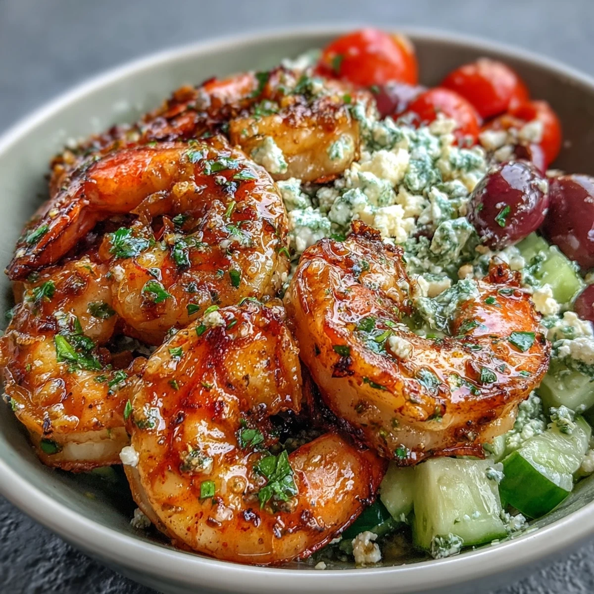 Grilled shrimp Greek Shrimp Bowl with cherry tomatoes, Kalamata olives, red onion, and a zesty lemon vinaigrette.