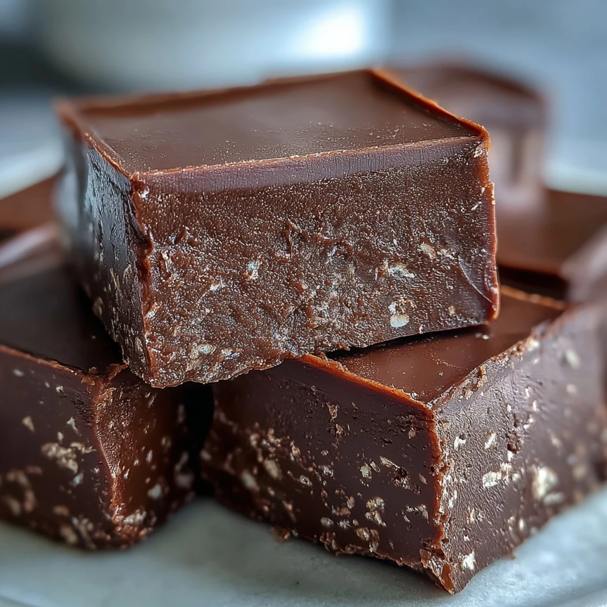 Freshly cut blocks of Hojicha Fudge are dusted with powdered sugar and arranged on parchment paper, highlighting the dense, melt-in-your-mouth chocolate texture.