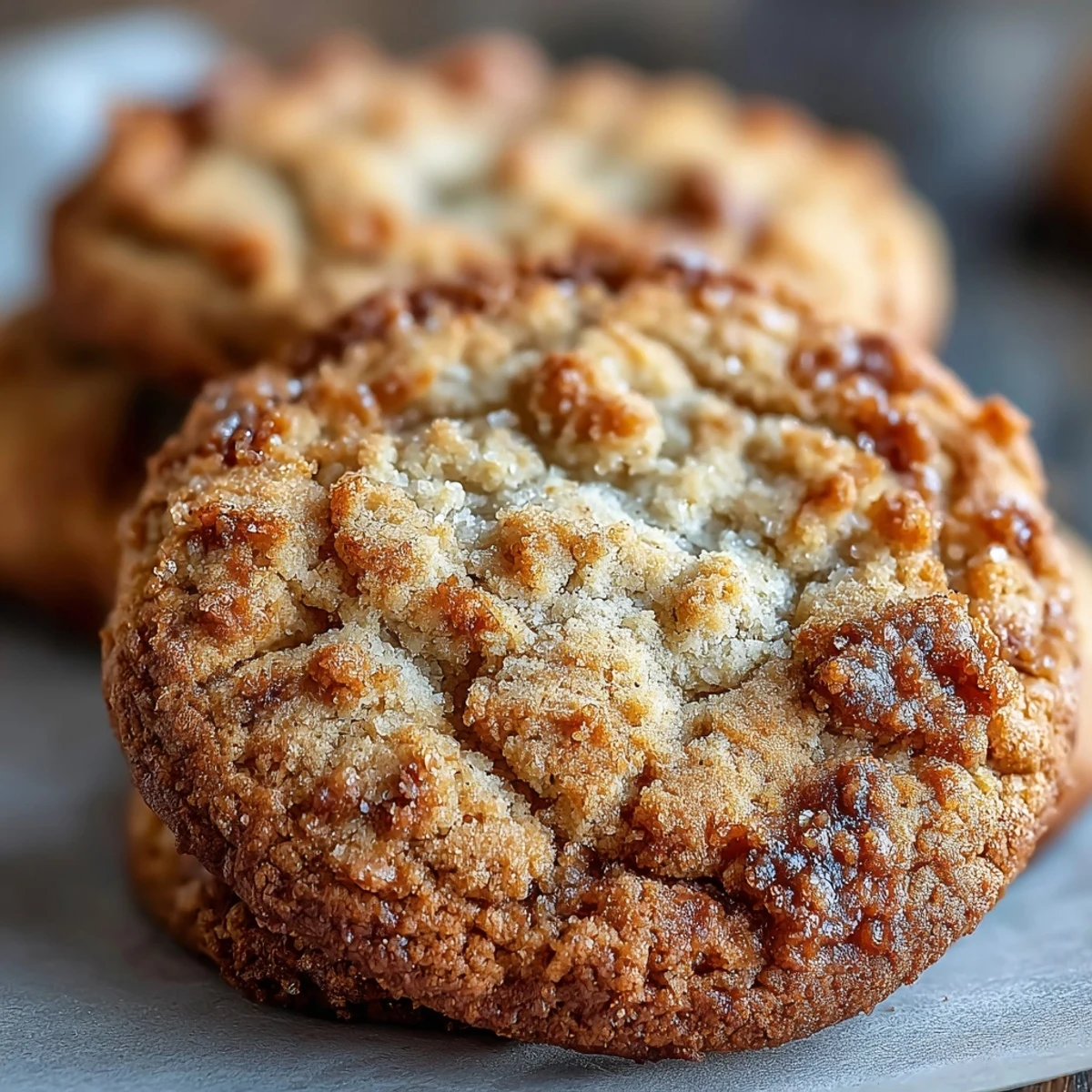 Close-up view of homemade Japanese-inspired Hojicha Cookies, highlighting their cracked texture and earthy matcha-toned crumb on a clean kitchen counter.