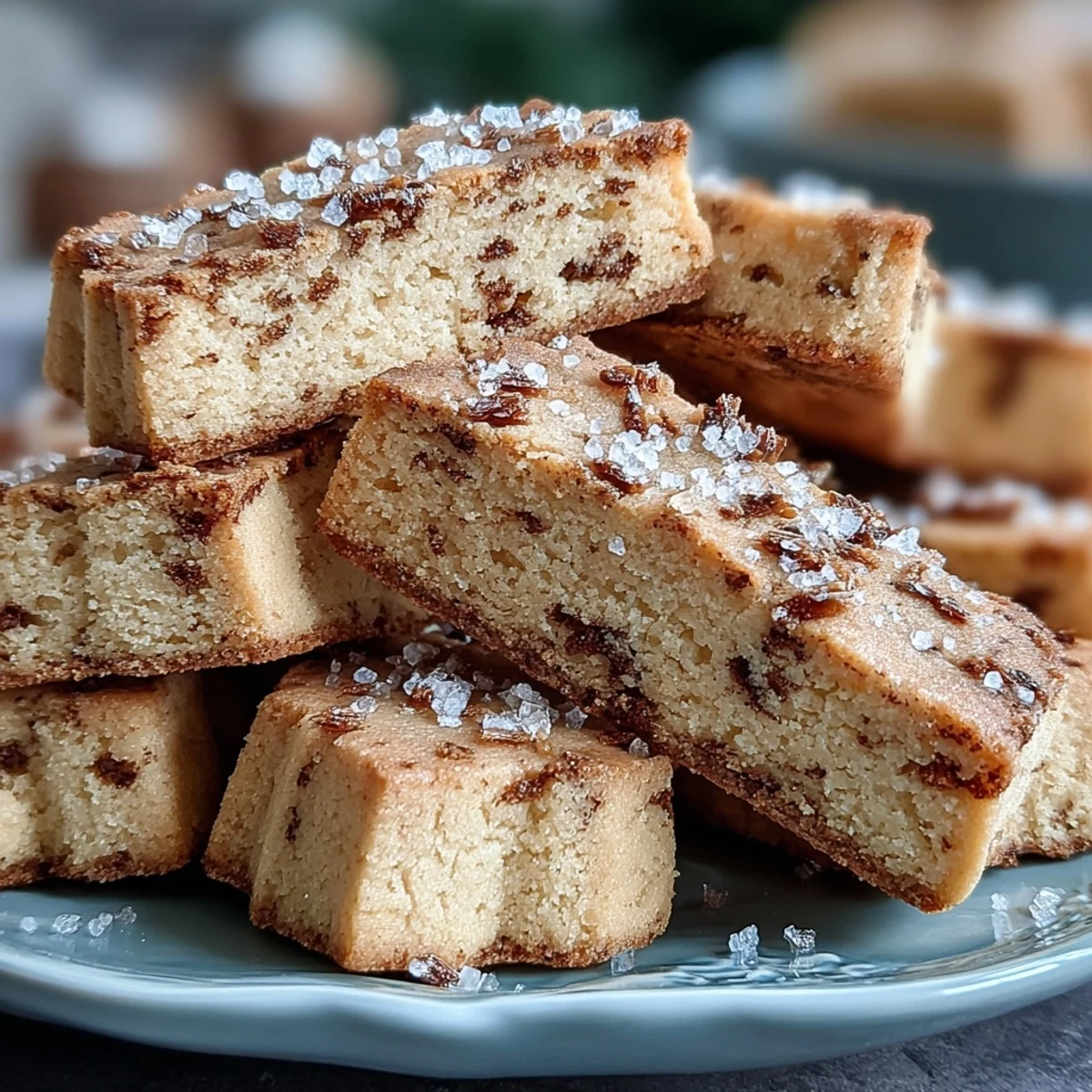 A close-up of Hojicha Shortbread slices highlights the buttery, melt-in-the-mouth texture and warm roasted tea aroma. 