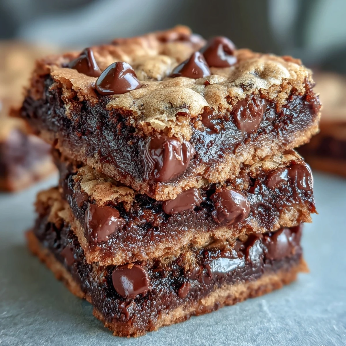 A hand lifts a warm Hojicha Brookies piece, showing gooey chocolate chips and a rich, nutty roasted tea crumb.