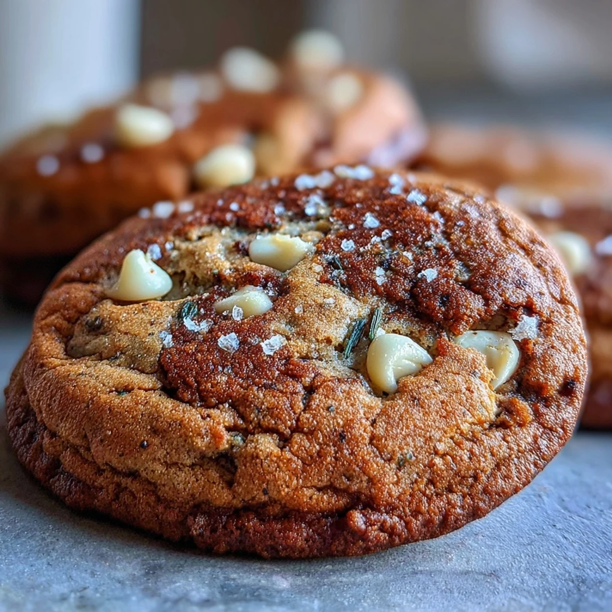 Warm Brown Butter Hojicha & Earl Grey Cookies are stacked on a marble platter beside an open tea tin and cup.
