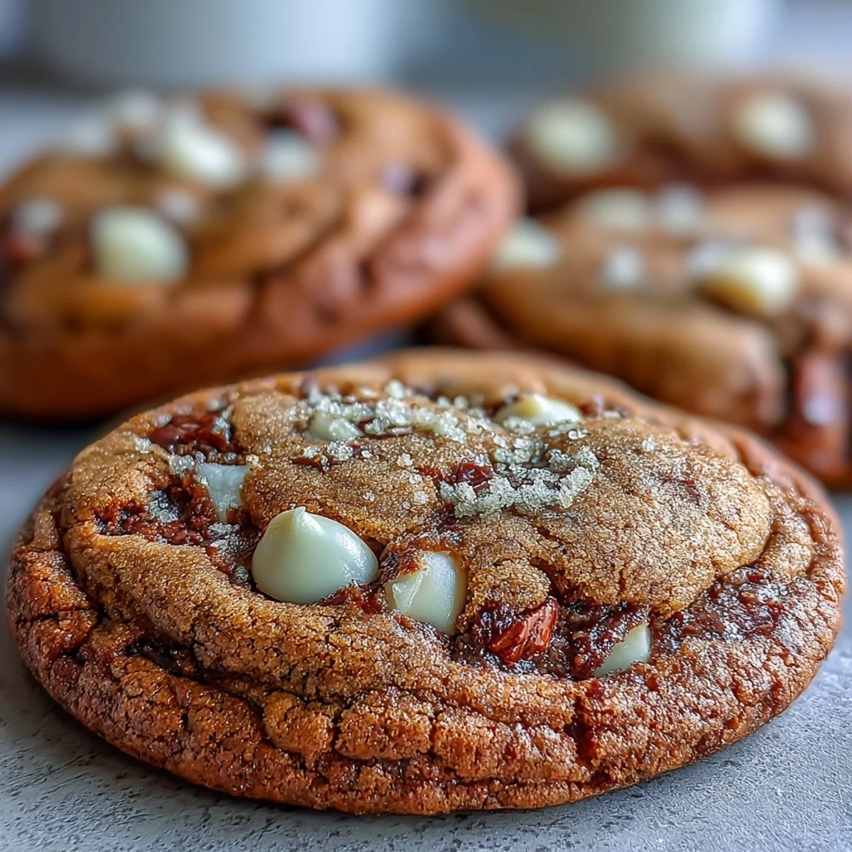 Freshly baked Brown Butter Hojicha & Earl Grey Cookies rest on a wire rack, showing cracked tops and melted white chocolate chips.