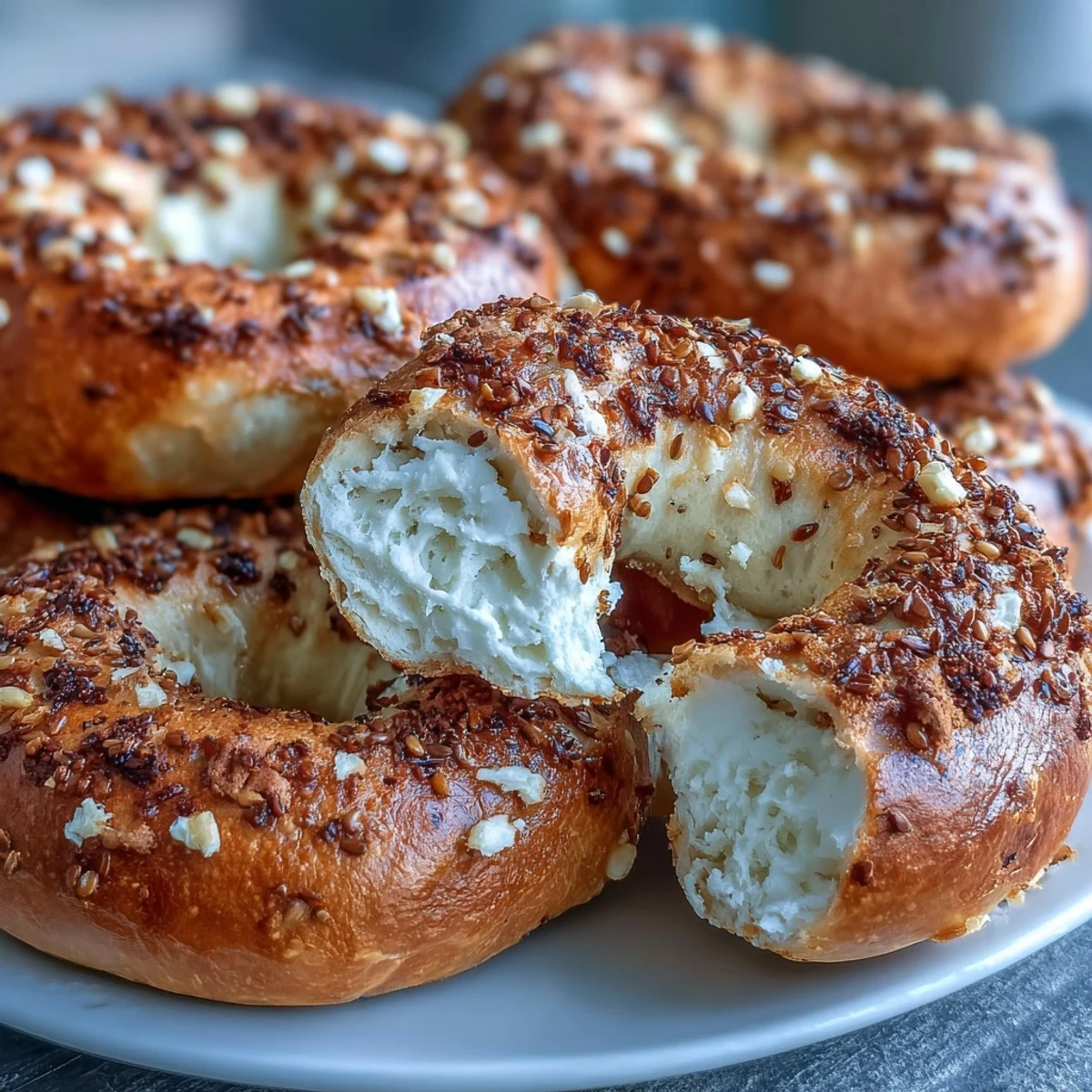 Homemade Greek Yogurt Bagels, soft and fluffy, brushed with egg wash and ready to slice and serve.