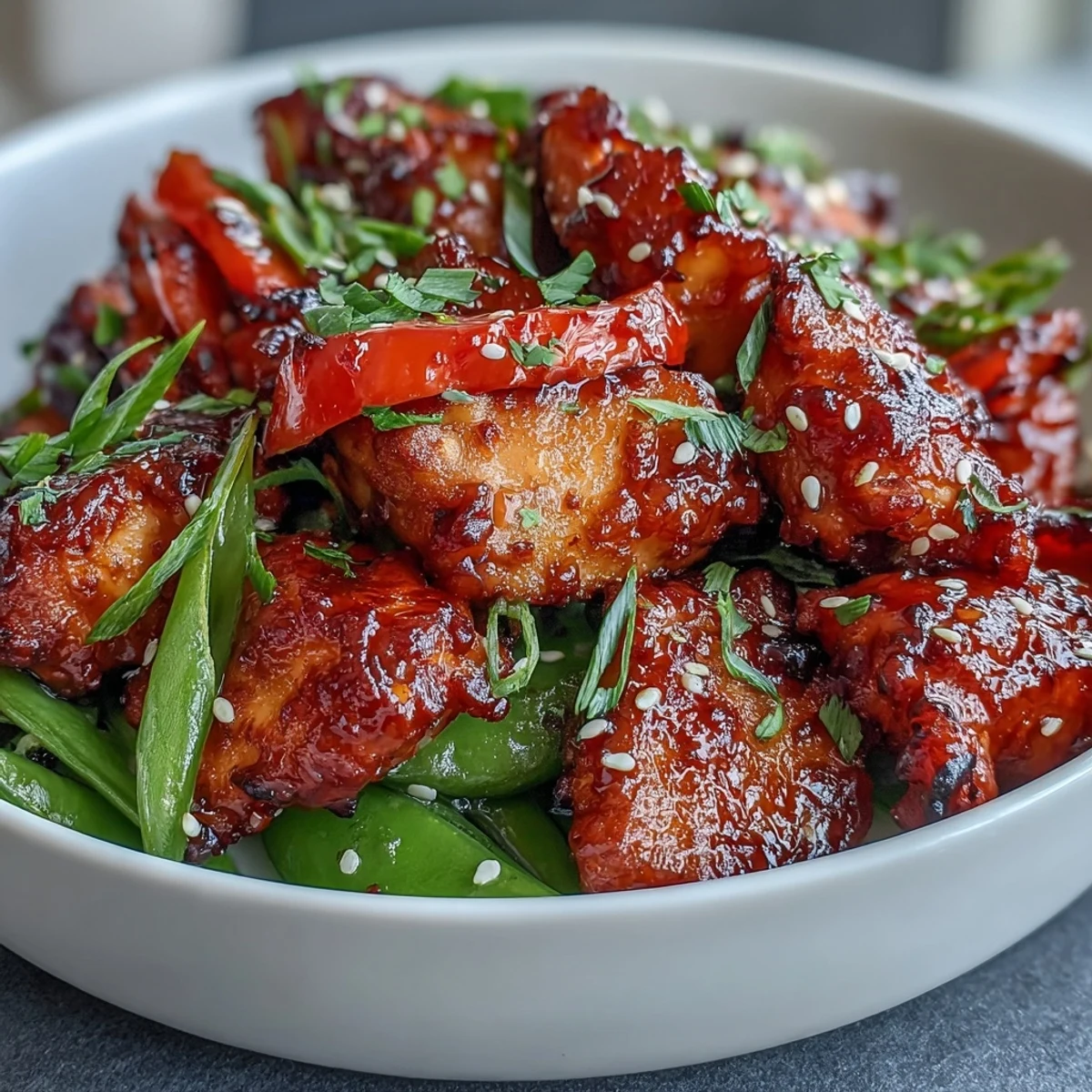 Golden pieces of Spicy Sweet Chicken Diablo tossed with colorful vegetables and a sticky, glistening sauce in a skillet.