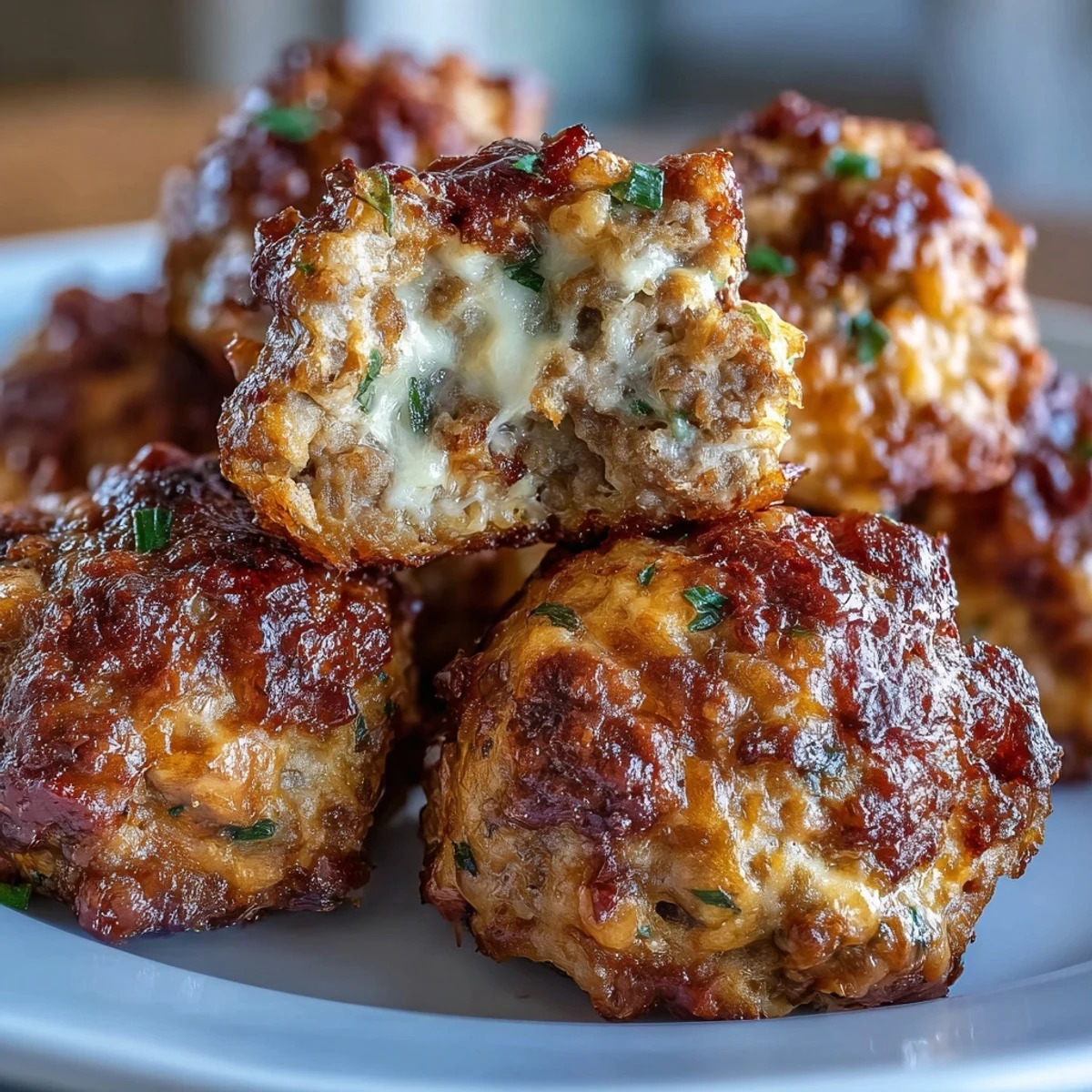 A close-up view of cheesy Rotel Sausage Balls, showcasing the tender texture with specks of green chilies and diced tomatoes.