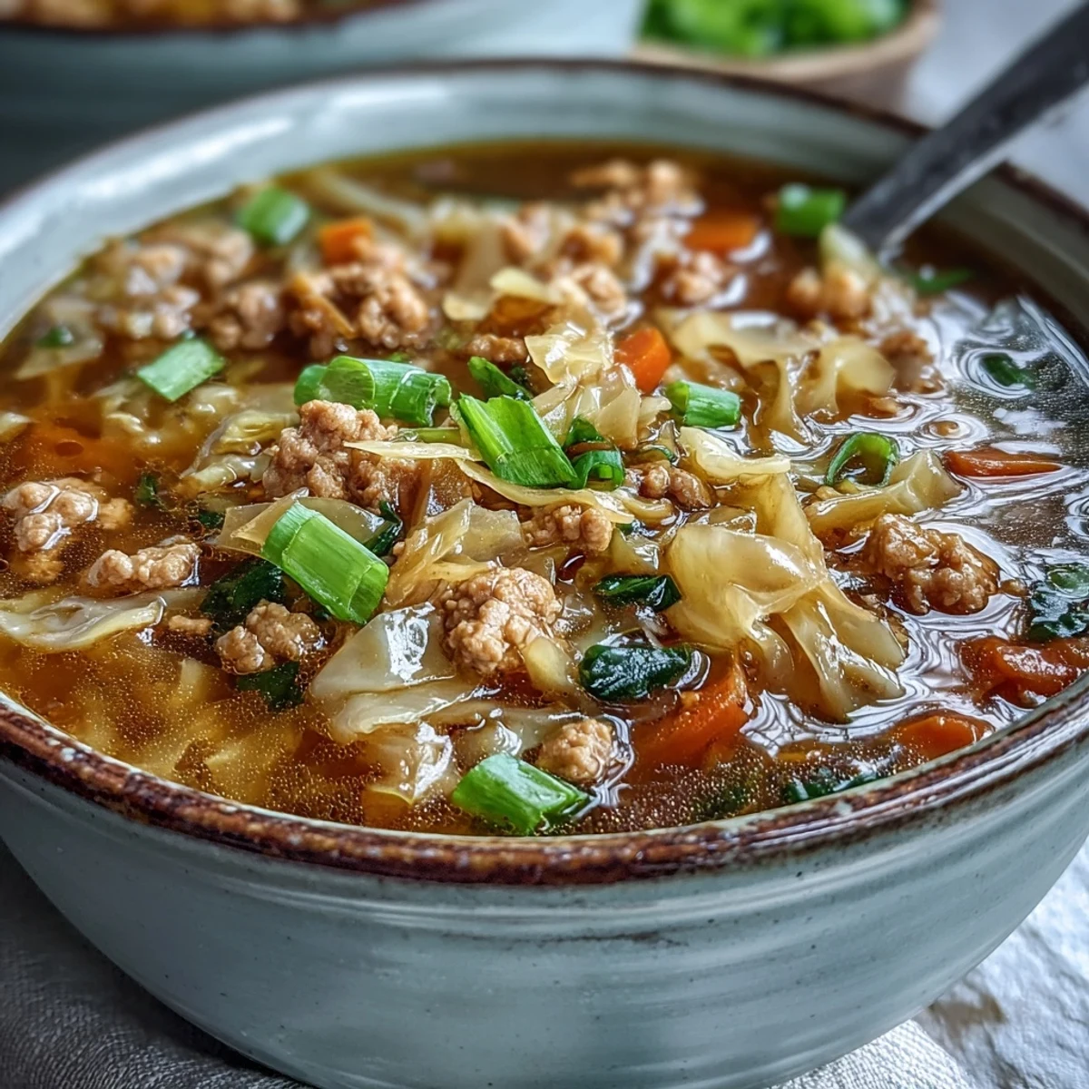 A close-up of One-Pot Egg Roll Soup with green onions and ginger, showing steam rising from the savory broth.