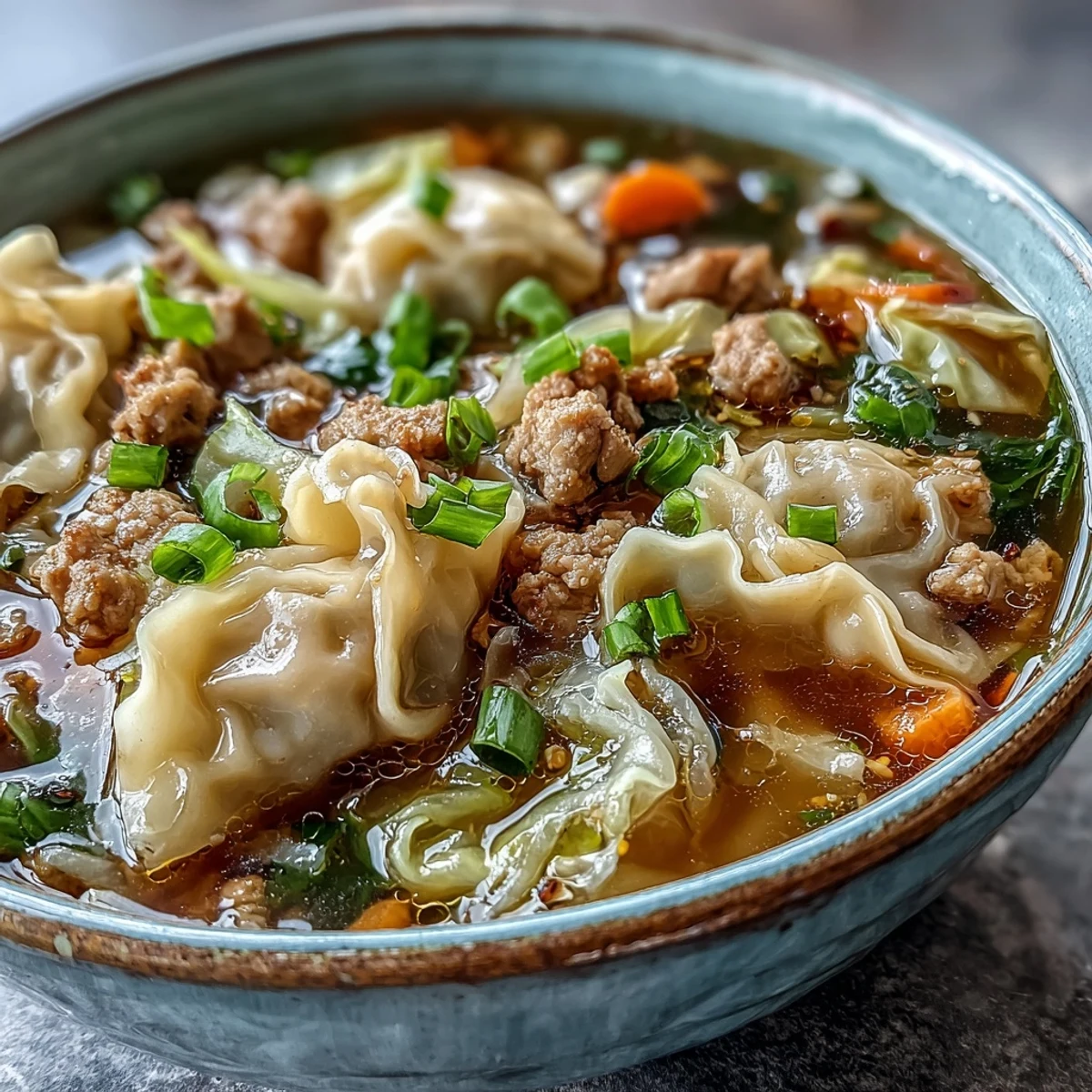 A comforting bowl of One-Pot Egg Roll Soup with ground pork, cabbage, and ribbons of egg, ready to serve.
