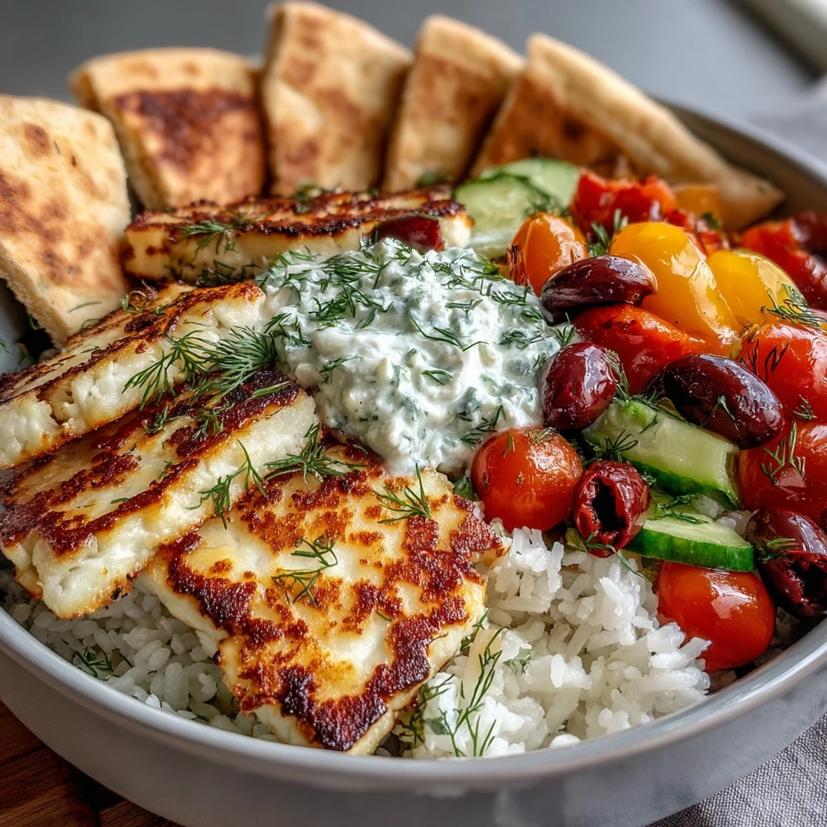 A finished Greek Halloumi Power Bowl topped with fresh dill, olives, and colorful cherry tomatoes.