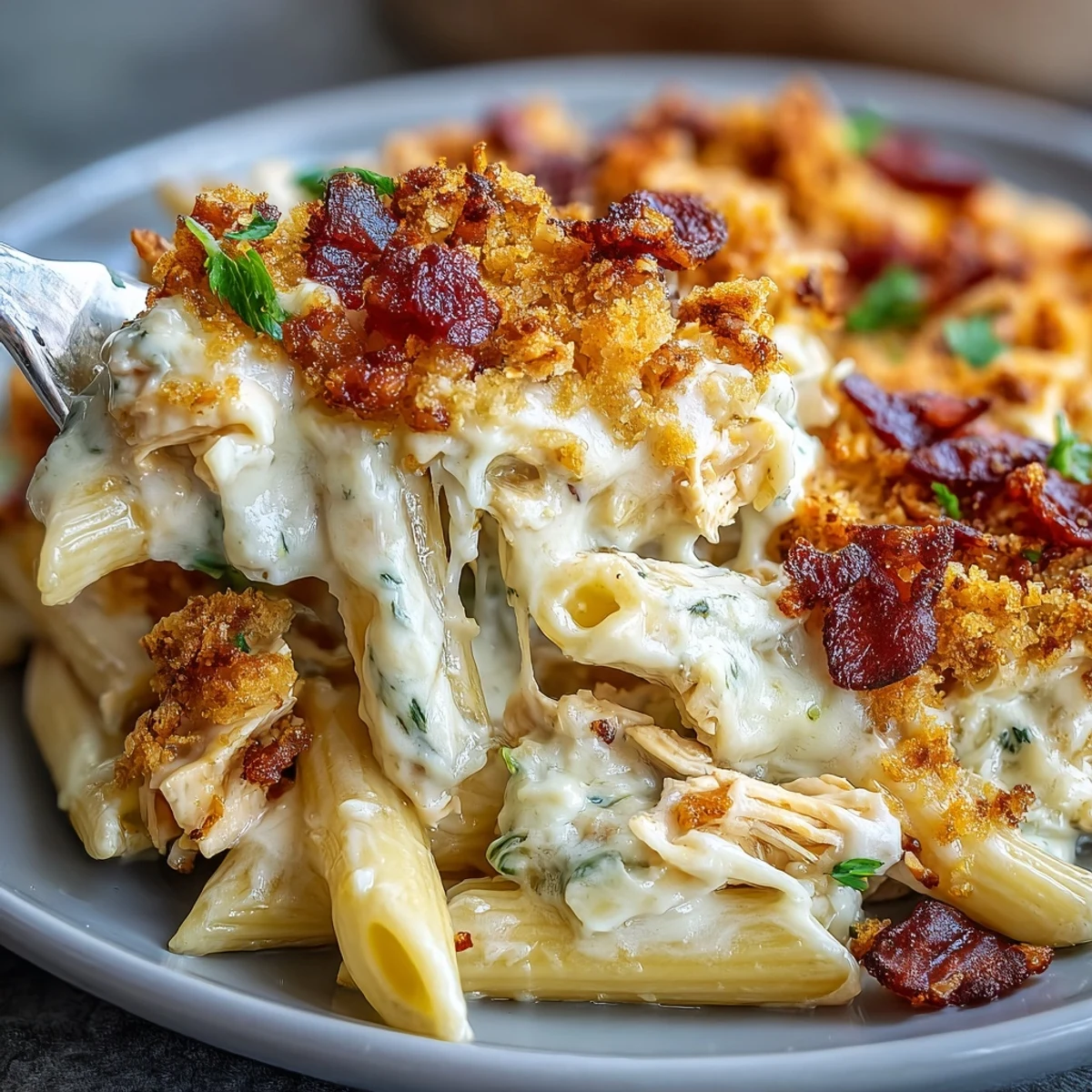 Sizzling skillet of Creamy Jalapeño Popper Chicken Pasta with crispy bacon and golden panko.