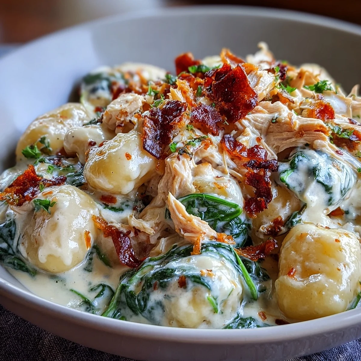 Close-up of Creamy Spinach & Parmesan Gnocchi with Chicken in a skillet next to a glass of white wine.