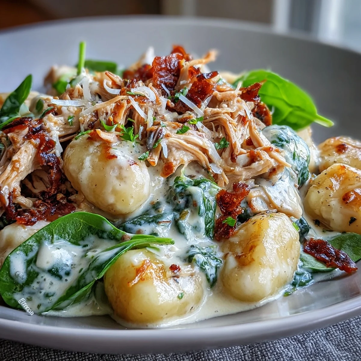 Steamy Creamy Spinach & Parmesan Gnocchi with Chicken served in a rustic bowl with crusty bread.