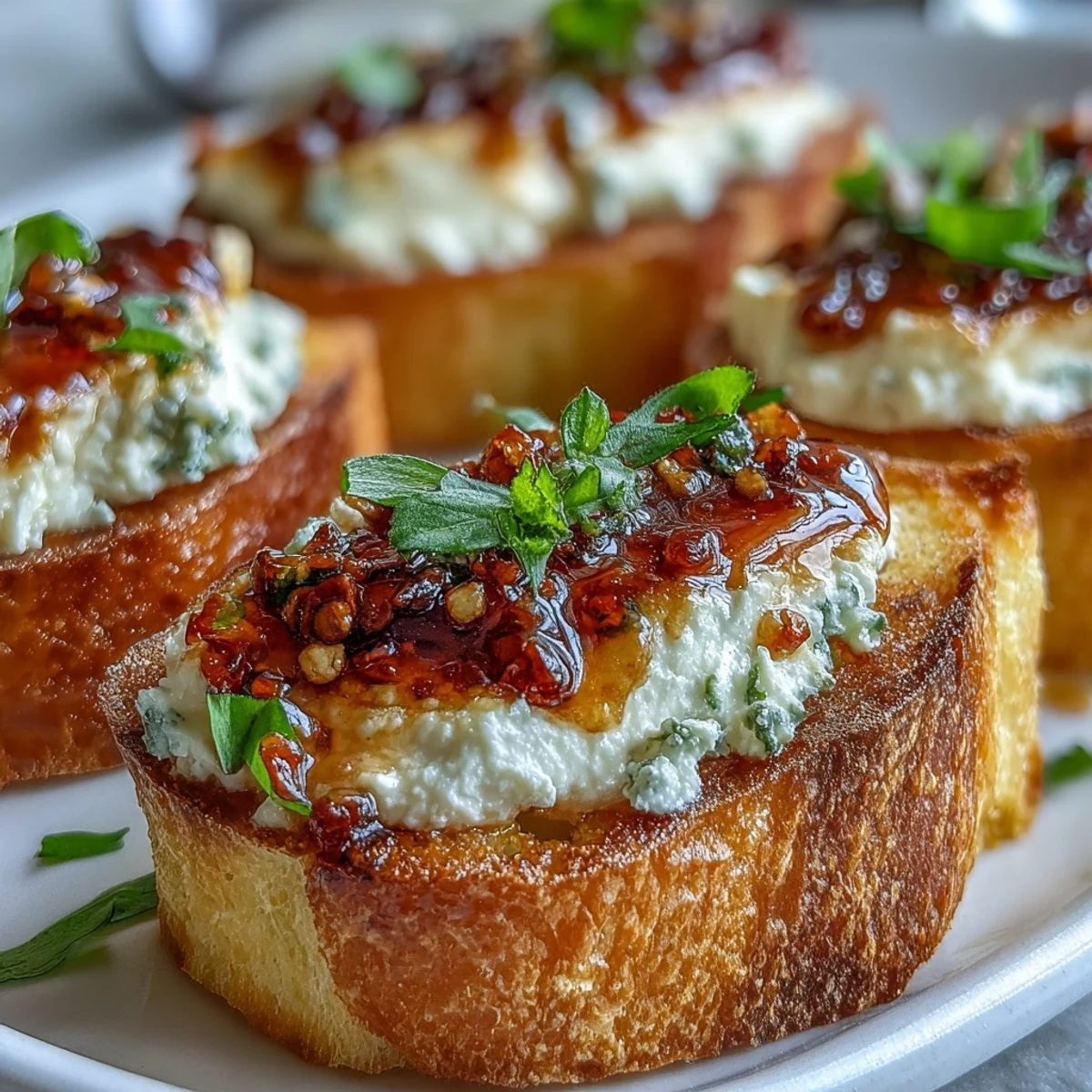 Perfectly balanced Hot Honey Ricotta Bruschetta appetizer with warm spicy honey and crunchy chili crisp topping ready to serve.
