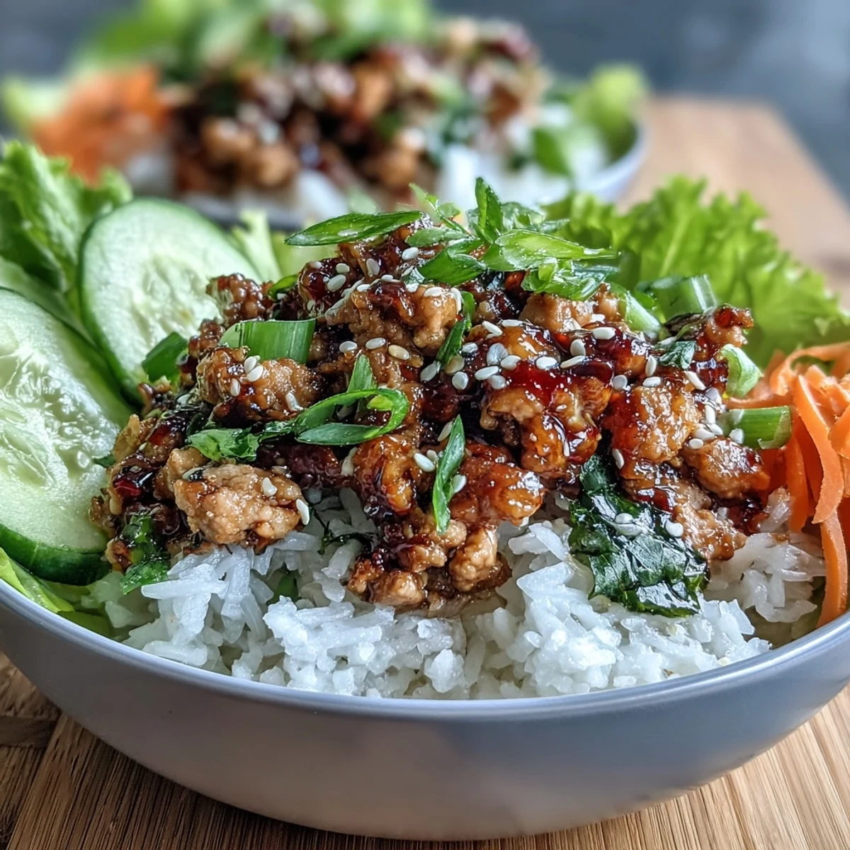 Freshly cooked Korean sesame turkey sizzling in a skillet next to crisp lettuce leaves and colorful carrot ribbons for a vibrant bowl.
