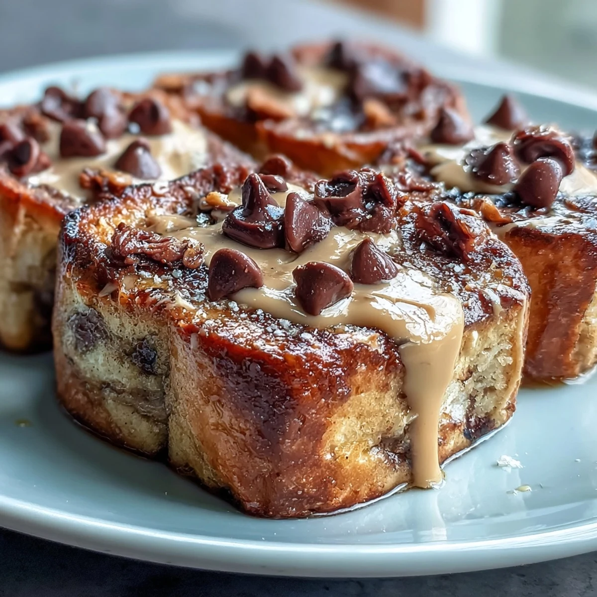 A casserole dish of High-Protein Peanut Butter & Chocolate Baked French toast topped with melted chocolate chips and berries.