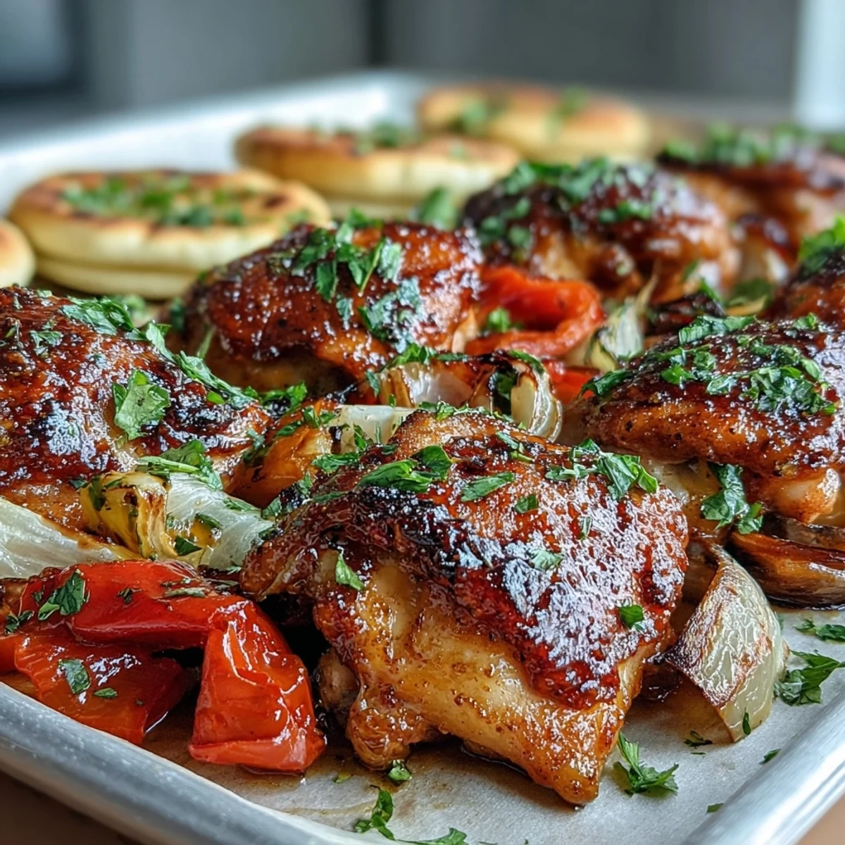 Family-style dinner of sheet pan honey garlic chicken & naan, topped with fresh cilantro and lemon wedges. 