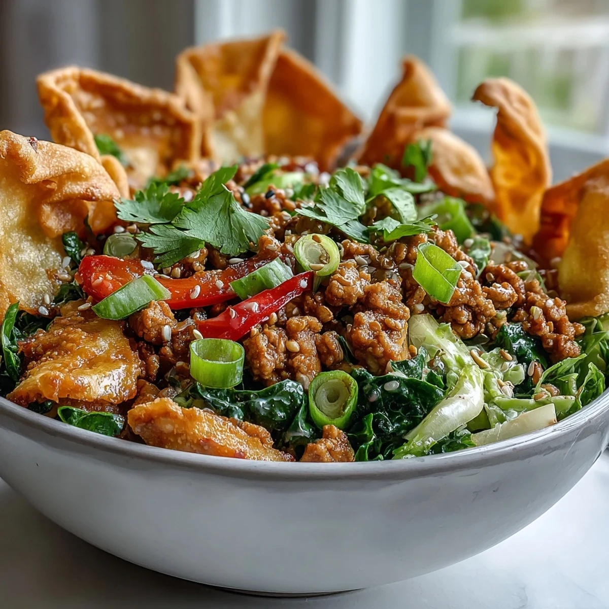 Family-friendly Ranch Turkey & Veggie Egg Roll Bowl served in a white bowl with a drizzle of ranch.