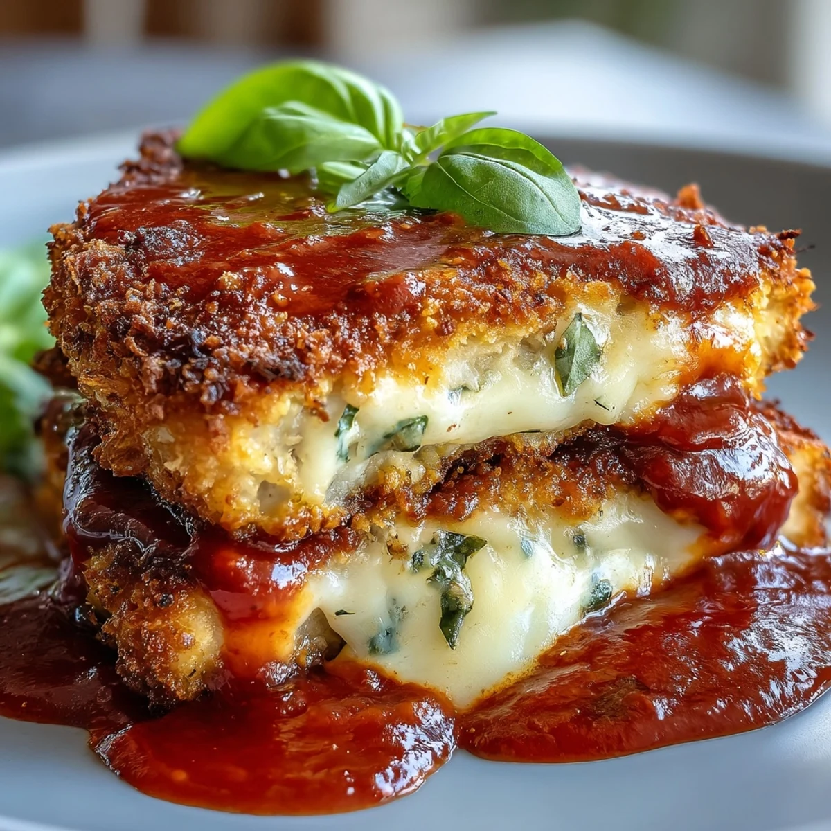 Crispy Tofu Chicken Parm Bakes plated over spaghetti with a side salad for a hearty meal.