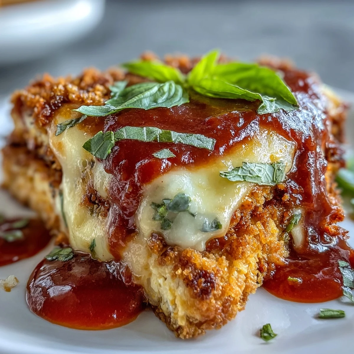 A close-up of Crispy Tofu Chicken Parm Bakes in a skillet with marinara and fresh basil.