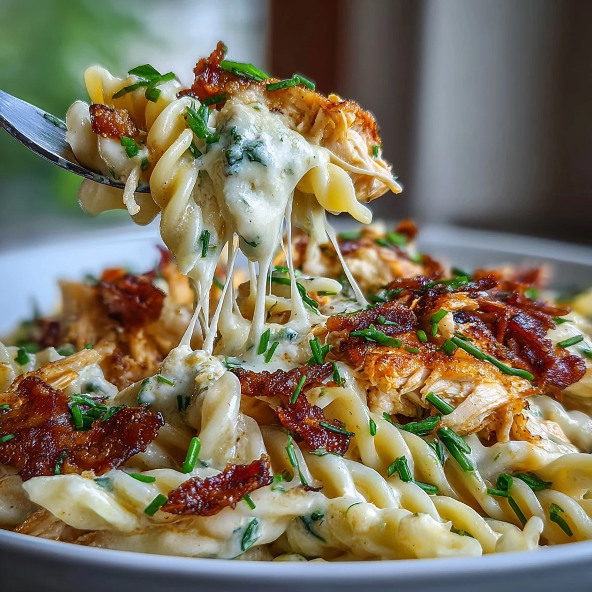 Creamy Jalapeño Popper Chicken Pasta in a white bowl, garnished with fresh chives and extra jalapeño slices.