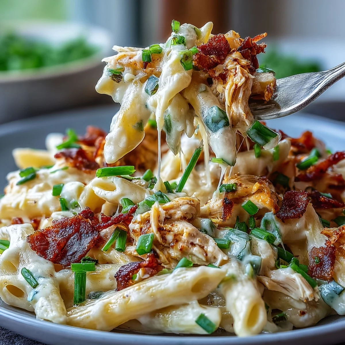 A skillet of Creamy Jalapeño Popper Chicken Pasta with melted cheese sauce and crispy bacon pieces.