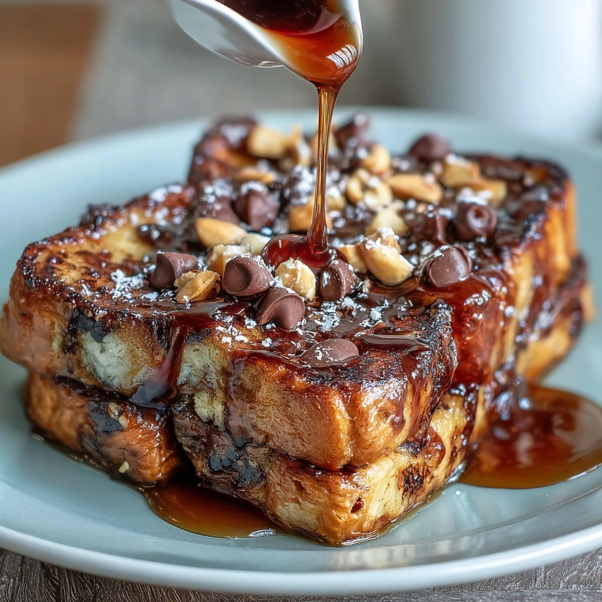 Freshly baked High-Protein Peanut Butter & Chocolate Baked French Toast with melted chocolate chips and chopped peanuts on top.