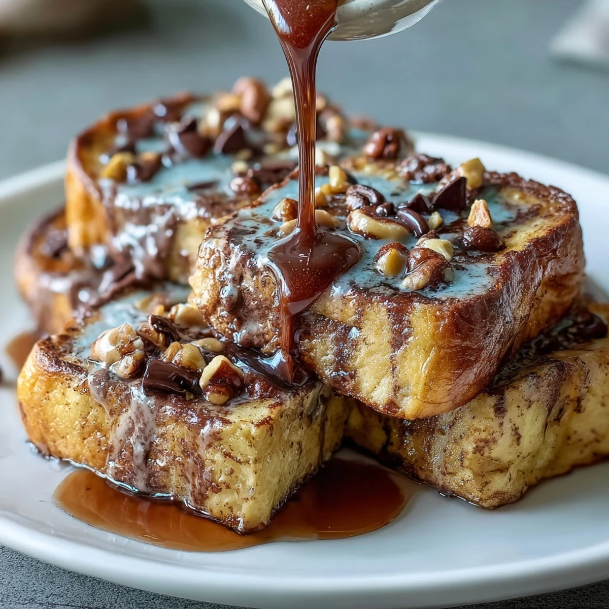 A generous slice of warm High-Protein Peanut Butter & Chocolate Baked French Toast drizzled with maple syrup.