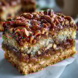 Slices of moist Christmas Toffee Crunch Cake plated with whipped cream and a drizzle of caramel sauce.