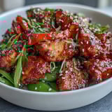 Golden pieces of Spicy Sweet Chicken Diablo tossed with colorful vegetables and a sticky, glistening sauce in a skillet.