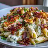 Shredded chicken and penne tossed in a luscious cream cheese sauce, garnished with fresh jalapeños.