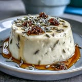 Silky honey lavender panna cotta with a delicate floral aroma, drizzled with golden honey and garnished with fresh berries.