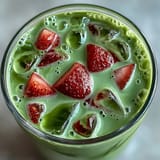 A refreshing vegan strawberry matcha latte with oat milk, showcasing bright red strawberry layers and smooth green tea for a summer drink.