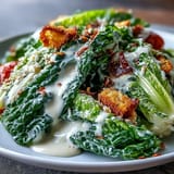 Vibrant tahini Caesar salad featuring fresh romaine, juicy cherry tomatoes, and a rich, tangy dressing topped with Parmesan.