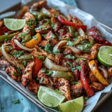 Sheet Pan Chicken Fajitas with colorful peppers and onions ready for tortillas.