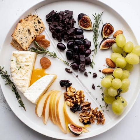 A beautifully arranged Winter Solstice Board, with olives, figs, brie, and pears enticingly displayed.