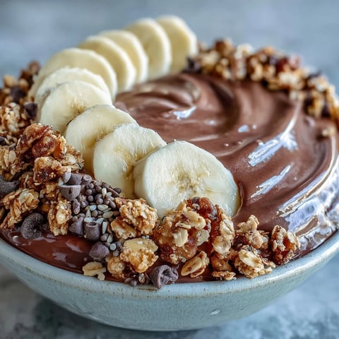 Thick and creamy Chunky Monkey Smoothie Bowls topped with crunchy granola and fresh banana slices.