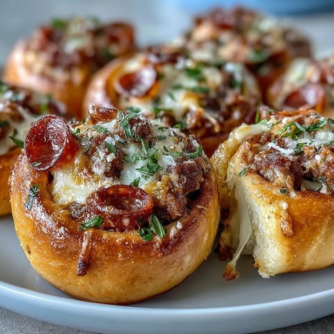 Golden-brown Irresistible High Protein Pepperoni Pizza Rolls fresh from the oven, topped with melted mozzarella and herbs on a baking sheet.