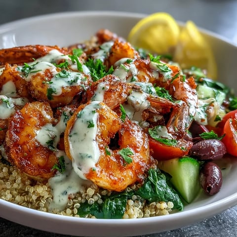 Fresh sautéed shrimp glisten atop a colorful Mediterranean bowl of quinoa, spinach, tomatoes, and olives. The creamy tahini sauce is drizzled over the finished dish, finished with fresh parsley and lemon wedges.