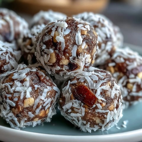 Twelve Hojicha Energy Balls rolled in shredded coconut, showing a rustic brown texture and nutty finish for a healthy snack.
