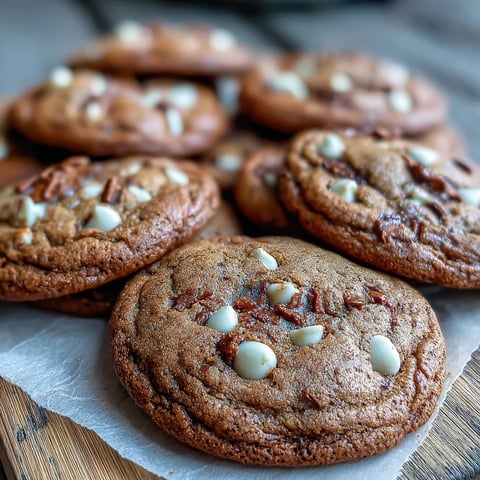 Freshly baked Hojicha White Chocolate Cookies on a wooden board, with creamy white chocolate chips melting and warm roasted tea aroma.