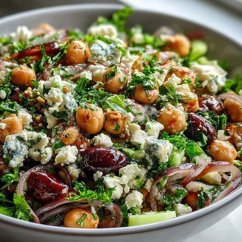 A close-up of Divorce Salad with chickpeas, black beans, and crumbled feta in a white bowl.