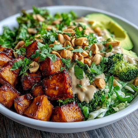 Golden roasted sweet potato cubes and crisp broccoli florets in a Thai Peanut Sweet Potato Buddha Bowl, drizzled with creamy peanut sauce.