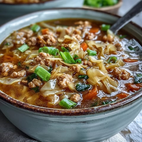 A close-up of One-Pot Egg Roll Soup with green onions and ginger, showing steam rising from the savory broth.