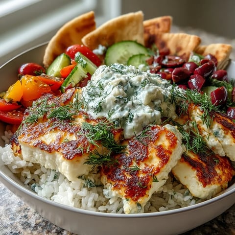 Golden seared Greek Halloumi Power Bowl with fluffy rice, crisp veggies, and creamy tzatziki sauce.