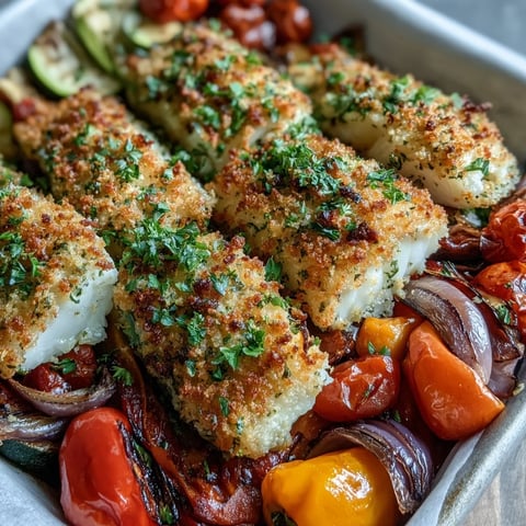 Golden Parmesan Crusted Sheet Pan Fish sits beside tender roasted bell peppers and zucchini on a parchment-lined baking sheet.